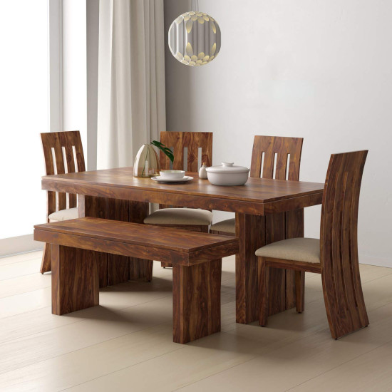 Solid wood dining table with bench and discount chairs